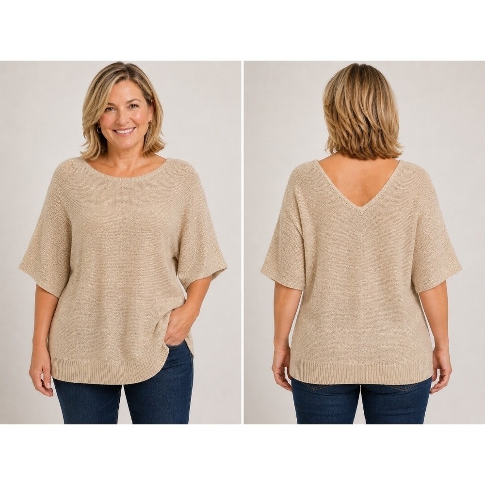 Talbots Sparkle Metallic Tan Sweater Linen Blend 3/4 Sleeve V Back  Womens XL